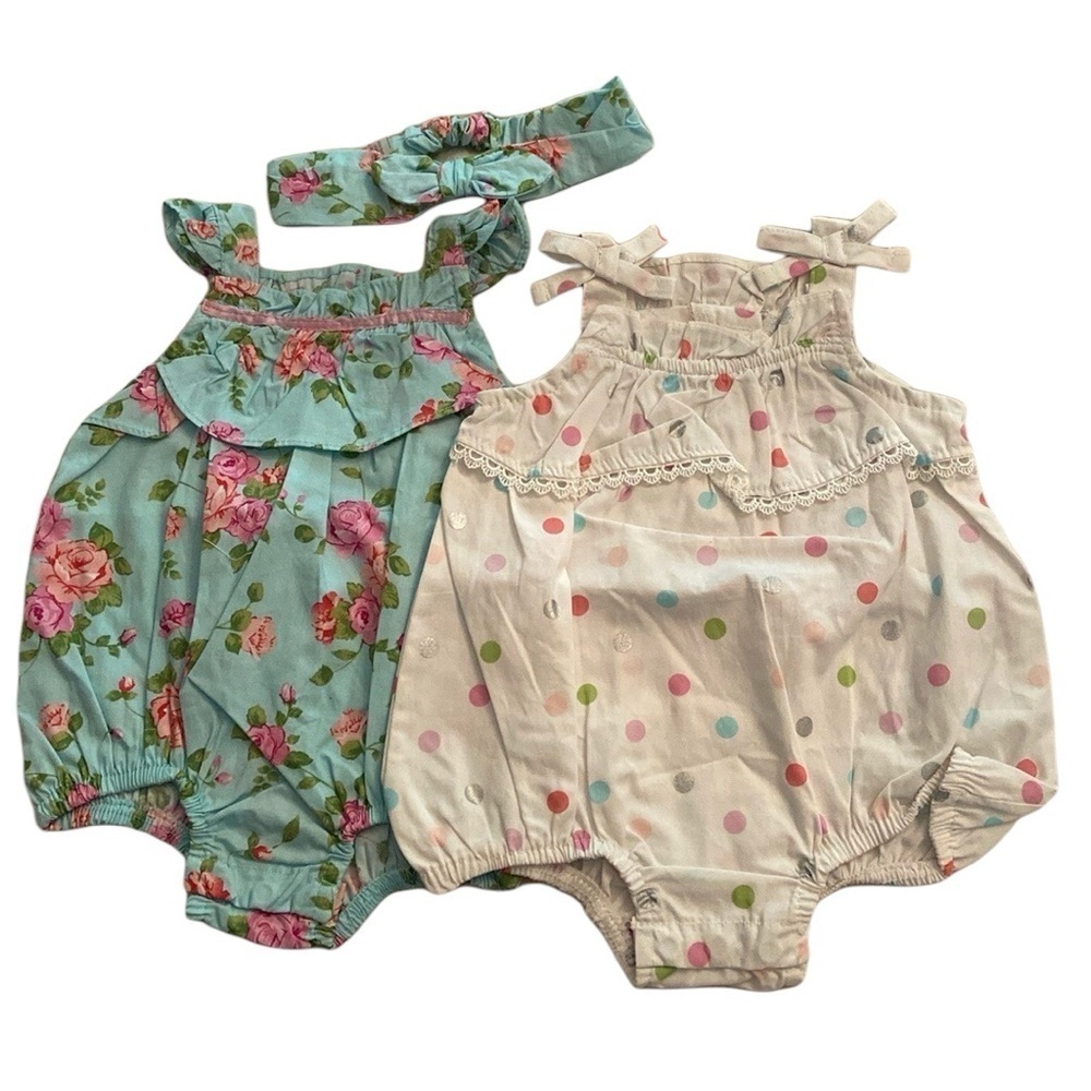 Nannette Romper Onesie Floral And Polka Dot 100%Cotton 2 Piece Bundle 3 Months